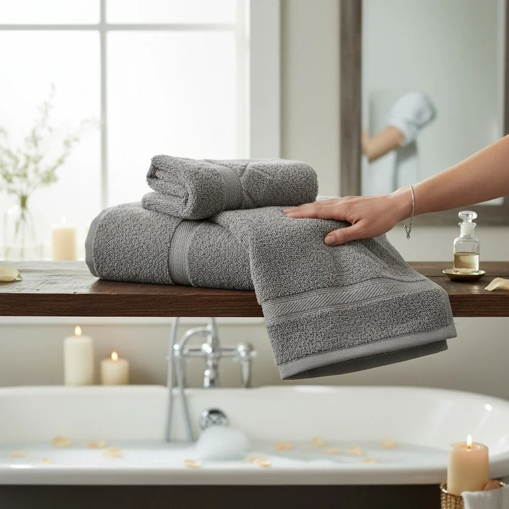 Everplush Bath Towel Set 2pc 30x56 Grey New Diamond Jacquard Cotton